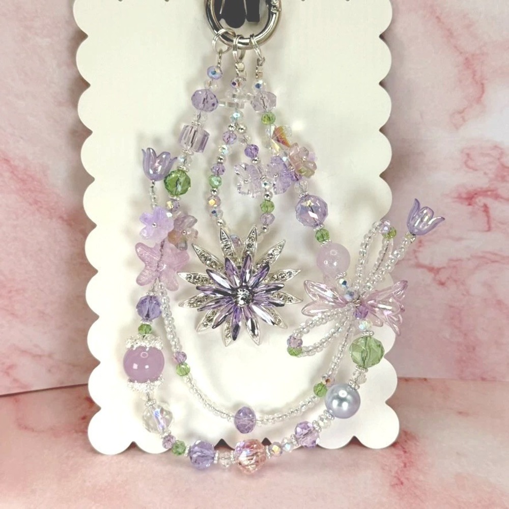 Purple Flower Crystal Glass Bead Spinning Fidget Phone‎ Chain Glow in Dark Star